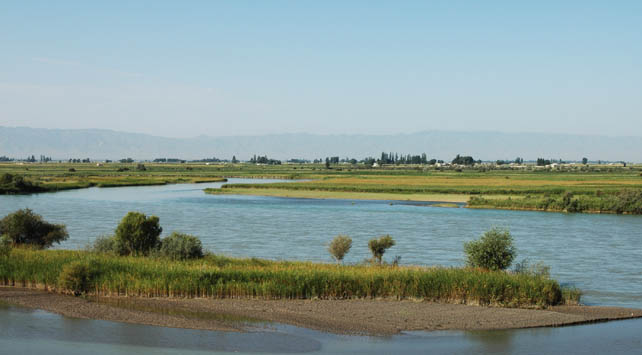 　伊犁河，伊犁河是我國境內唯一的一條向西流的國際河流，在河的另一旁是連綿不斷的平原。這里氣候濕潤，瓜果飄香，西瓜和蘋果世界聞名，難怪伊犁被稱為“塞外江南”。