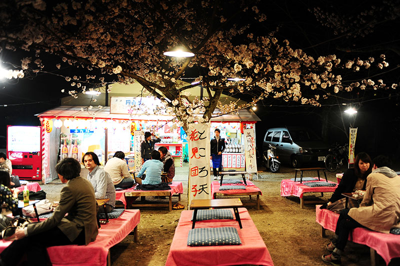 　之前先說日本不多街邊小食，但在八阪神社通往円山公園有很多小攤檔，円山公園的特色就是在櫻花林下有著許多店家提供的用餐席，櫻花樹下野餐聊天，好似是日本人櫻花季節的節目。我們剛在櫻花樹下坐下正準備入風隨俗，雨就灑下來了，看來要我們再來一次了。