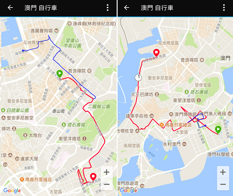 　得閑無事又試下“自行車”運動模式，不過是騎電單車。非常驚喜的是GPS軌跡在隧道及地下停車場居然都準確無誤。<br /><br />　回程在剛有GPS訊號就進入地下停車場，但回程地下停車場GPS軌跡就飄移了，看來之前在室內GPS軌跡是推算出來的。<br /><br />　而比較奇怪的是，在“跑步”運動模式，GPS定位快而準，只要一兩秒甚至是馬上有，但“自行車”運動模式，GPS定位可能要三四分鐘，而且初始的位置飄得有些遠，這又不知何解了。