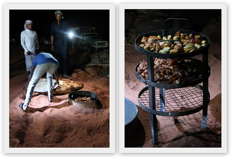　地下居然有美食！原來是為大家準備好的佳餚。<br /><br />　這種傳統貝都因式的料理方法叫做Zarb，在沙裡挖洞、置入炭火，大型鐵架上則放置雞肉、腸仔薯仔、紅蘿蔔等，埋入沙坑中，經過長時間悶熟焗熟。