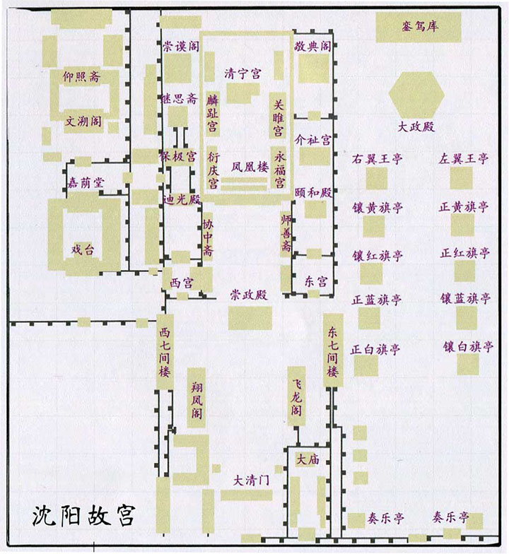 瀋陽故宮的佈局分為東路、中路和西路三部分：<br />　東路——為努爾哈赤時期建造的大政殿與十王亭。於一六二五年開始創建，是皇帝舉行“大典”和八旗大臣辦公的地方；<br />　中路——大清門、崇政殿、鳳凰樓、清寧宮等，於一六二七年至一六三五年建成，是皇帝進行政治活動和后妃居住的地方；<br />　西路——戲臺、嘉蔭堂、文溯閣和仰熙齋等，於一七八二年建成，是清朝皇帝“東巡”盛京（瀋陽）時，讀書看戲和存放《四庫全書》的場所。