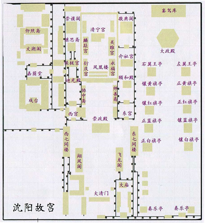 瀋陽故宮的佈局分為東路、中路和西路三部分：<br />　東路——為努爾哈赤時期建造的大政殿與十王亭。於一六二五年開始創建，是皇帝舉行“大典”和八旗大臣辦公的地方；<br />　中路——大清門、崇政殿、鳳凰樓、清寧宮等，於一六二七年至一六三五年建成，是皇帝進行政治活動和后妃居住的地方；<br />　西路——戲臺、嘉蔭堂、文溯閣和仰熙齋等，於一七八二年建成，是清朝皇帝“東巡”盛京（瀋陽）時，讀書看戲和存放《四庫全書》的場所。