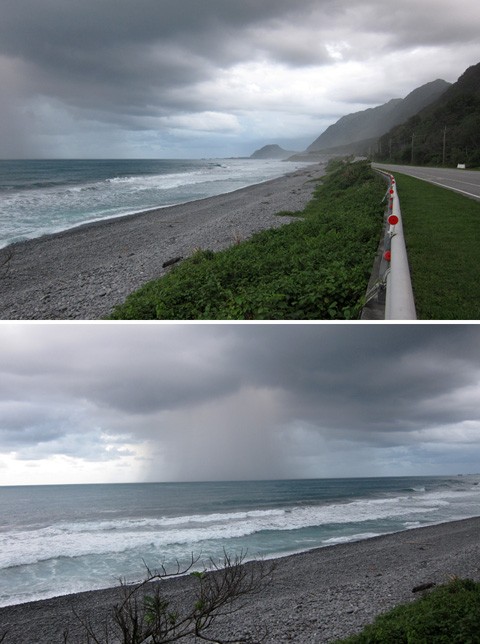 　下午六點，離我們住宿地應不足十公里了，此時左邊海上該是在下雨了。<br /><br />　過了該沒十分鐘，雨飄過來了。