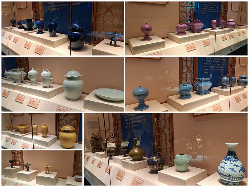　不同顏色的官窯祭蘭釉瓷器。