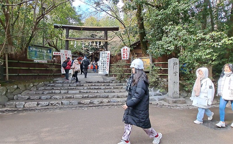 　途經野宮神社，常見的鳥居都是朱紅色的，但其實最早所建造的鳥居並非朱紅色，而是保有樹皮的黑木（原木木頭）鳥居，由於黑木保存不易之外，加上原木「麻櫟樹」的木頭，越來越少，因此逐漸的消失其蹤影，野宮神社黑木所建造的鳥居已成日本碩果僅存的黑木鳥居。