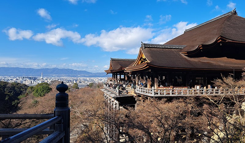 　本堂依附著音羽山建在懸崖峭壁邊，規模宏偉，主要建築都靠百幾根大圓木支撐。正殿外凸出的部分便是「清水舞台」，也是清水寺最大的特色，在此也能遠眺京都市容。與櫻花或楓葉同框的清水寺，好像就是京都的代名詞。