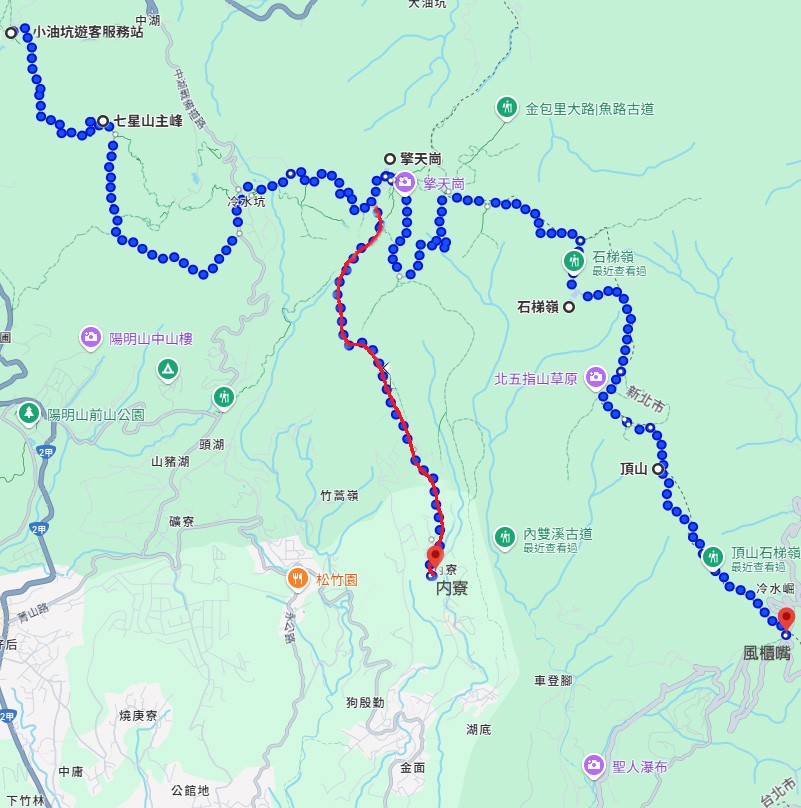 　原計劃今天是要走六七個小時的陽明山東西大縱走(小油坑➤七星山➤擎天崗➤石梯嶺➤頂山➤風櫃嘴)。Google見天氣不好幫笨忍找了一條最近的山路下山。<br /><br />　胡裡胡塗走了內寮古道下山，而非比較大眾的風擎步道，沿途一個人都沒有，幸好有驚無險，路線也不長，四公里左右，沒事回頭看也是有趣的小冒險。如非擔心太夜山上沒車走，由風櫃嘴向七星山出發，沿途有明顯的步道可能就不會走錯路。