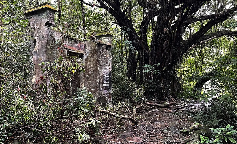 　不久又見一荒廢村落，橫山腳上村。上下兩村現都只剩倒塌的屋舍及破璧，林木野草漫生於其間，加上青苔，舊村落快與大自然融為一體了，加上綠蔭蔽日，感覺有些陰森。當時不知什麼環境才會到此深山中生活。
