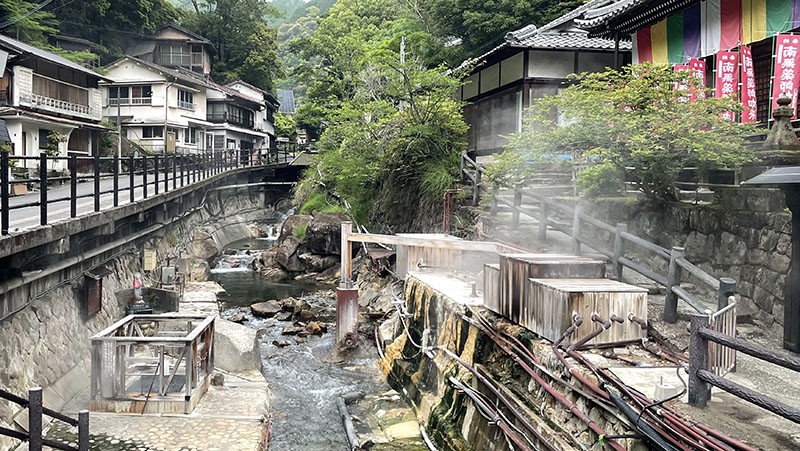 　湯の峰溫泉的源頭分佈在十幾個地方，主要集中在湯峰川的河床附近。在河床中可以看到溫泉水從河床排出時產生的氣泡，也可以看到溫泉水從河床砂岩的裂縫中湧出。<br /><br />　左下角的「柚子湯」，可以用冒出的90度的溫泉水，遊客可以在此煮溫泉蛋。