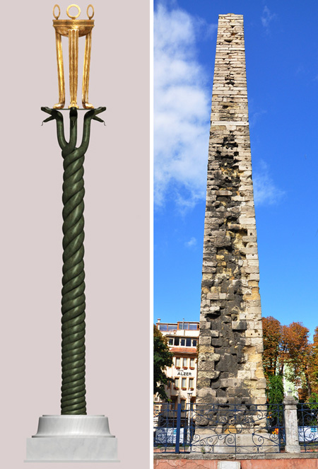 　左圖為蛇柱3D模型還原圖。<br /><br />　右圖為君士坦丁紀念柱，由方塊石塊堆砌而成的牆柱，建造年代不詳，傳說在西元九世紀，君士坦丁七世曾經下令重建，修護後的柱體高約32公尺，原本外層裝飾有青銅浮雕，後來被十字軍奪取而空。<br /><br />　因為柱身毁壞嚴重，當日給帆布圍起重修，只能在網上找來填補「一泉三柱」的空缺。