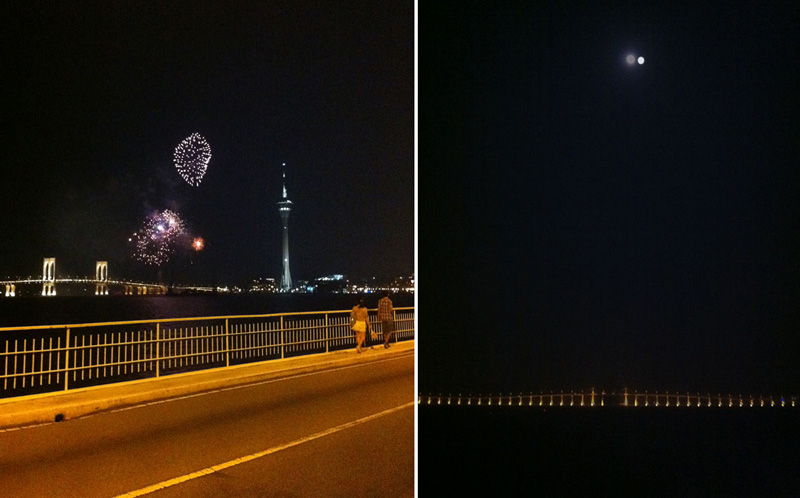 　在大橋上同時欣賞煙花及八月十六的月亮，機會難得！